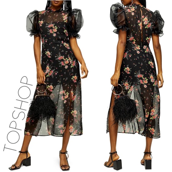Nwt Topshop Floral Organza Puff Sleeve 